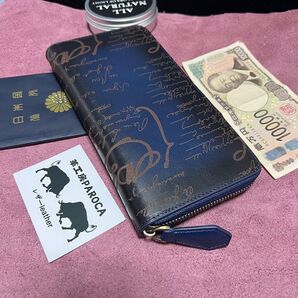 青 ネイビー イタリアンレザー ハンドメイド メンズ 牛革本革男女兼用 手作り 人気商品ラウンドファスナー人気/長財布小銭入れ