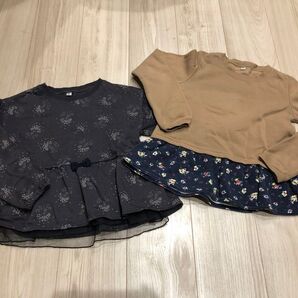 子供服 女の子 裏起毛 長袖 チュニック 2枚セット 花柄 size130