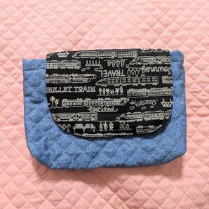 新幹線踏み切りデニム風 横型横入れお弁当袋 ハンドメイド 大きめ キルティング マジックテープ式 男の子