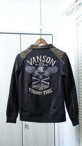 ★vansonバンソン スカル刺繍レオパード柄別生地UNIVERSALダブルジップジャージ　　古着ユーズド男性メンズSM黒ブラックトップスヒョウ柄