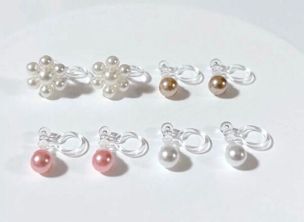 【776】樹脂パールノンホールピアス4ペア アレルギー対応イヤリング シンプルデザイン オケージョン セレモニースタイル フラワー