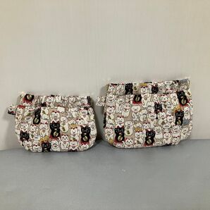 【9】ハンドメイド バネポーチセット 招き猫柄 まちなし 鍵、イヤホン、小銭、小物整理に