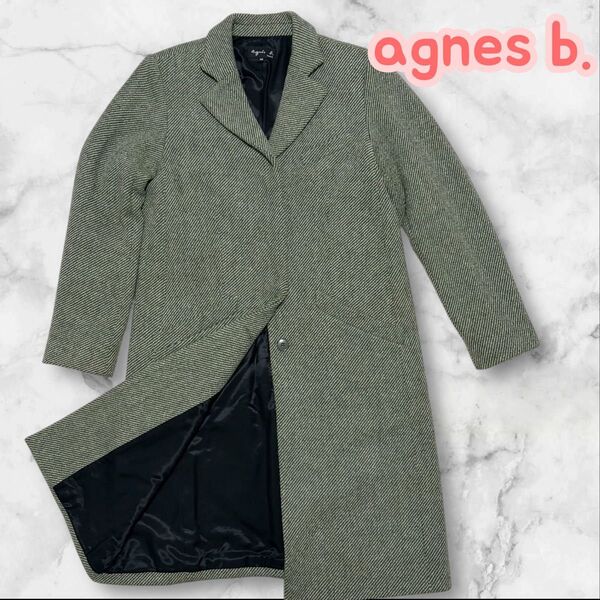 美品アニエスベーウールチェスターコートL40サイズグリーン系ミドル丈メンズライク agnes b