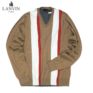 【定価8.2万・新品・M】LANVIN（ランバン）ウールコットン切り替えVネックニット ライトブラウン イタリア製