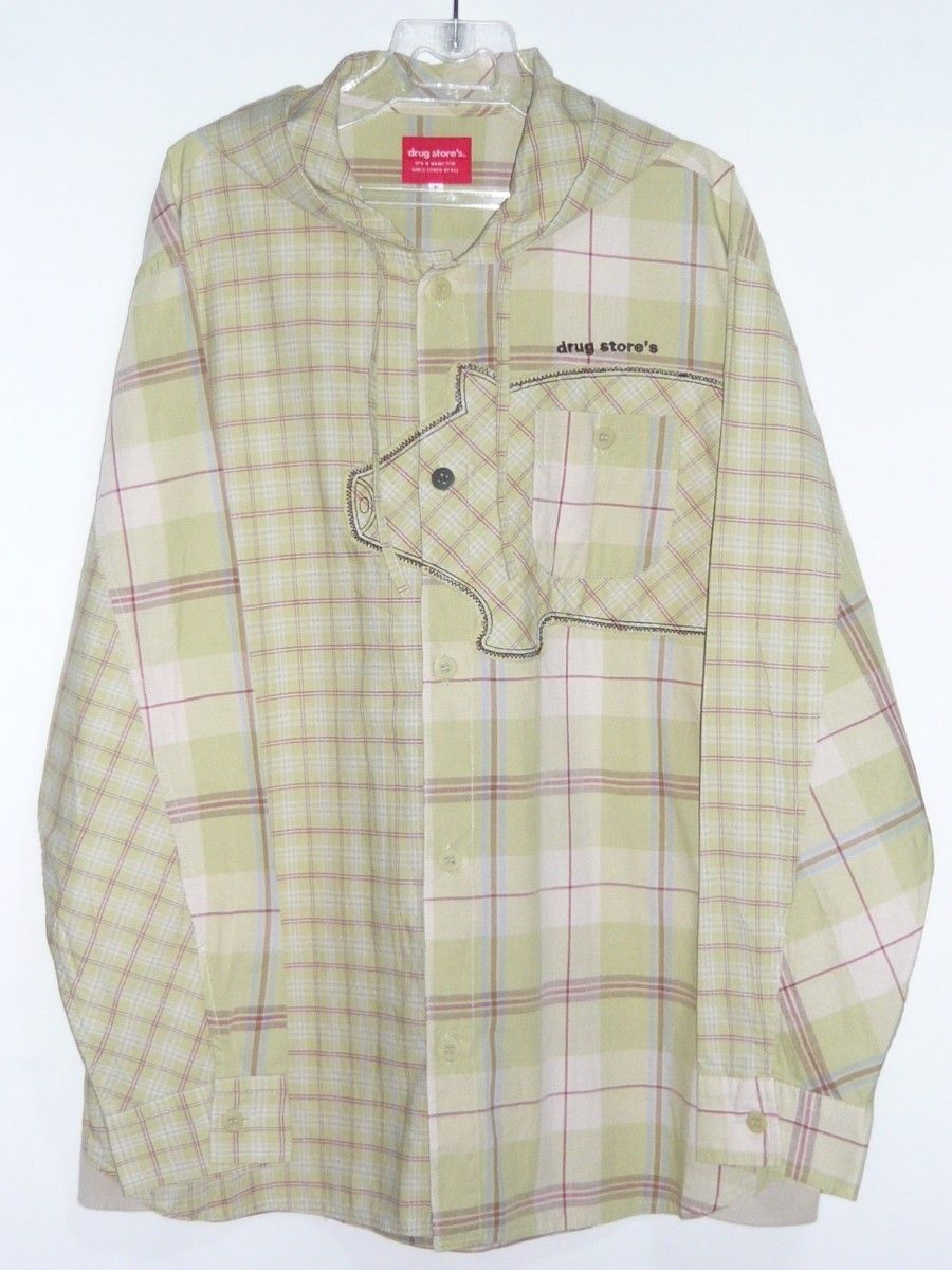 ドラッグストアーズ 長袖 フード付き チェック柄シャツ サイズF 未使用 綿100％ drug store's ブタさん パーカー