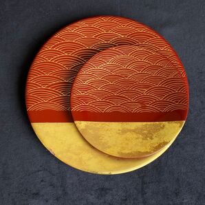 【未使用品】漆器 木製 漆 手描き 金箔 蒔絵 お皿 皿 お正月 14cm 20cm