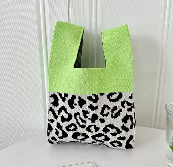 ニット トートバッグ ヒョウ柄 ランチバッグ ニットバッグ ミニ サブ エコバッグ 可愛い 可愛い ブラック お洒落