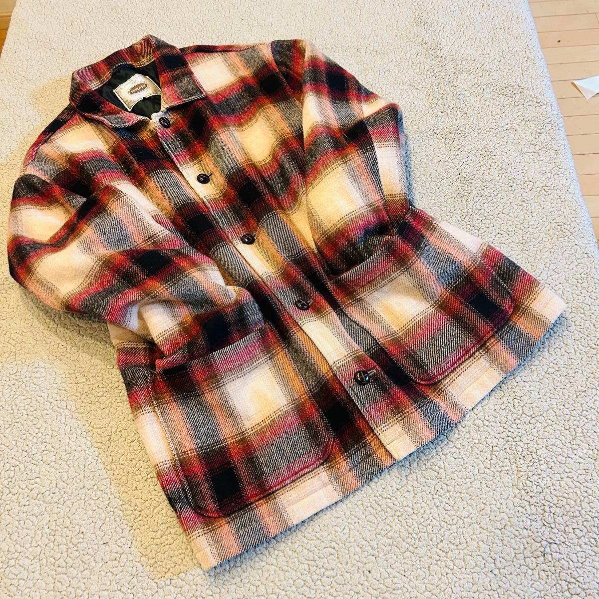 秋冬 メンズ 中綿長袖ジャケット ネルシャツ柄　【XL】赤系　ウール混　ゆったり　ダボゆる　くるみボタン　前開き　アウター