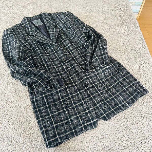 美品 昭和レトロ ◆ELLE◆ チェック柄 ジャケット【M】黒 白 ウール100 ゆったり 肩パット ボタン 前開き