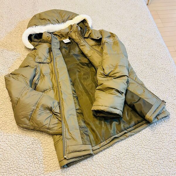 訳あり adidas レディース 長袖 ダウンジャケット【M】カーキ フェザー リブ袖 フード取り外可 ドローコード