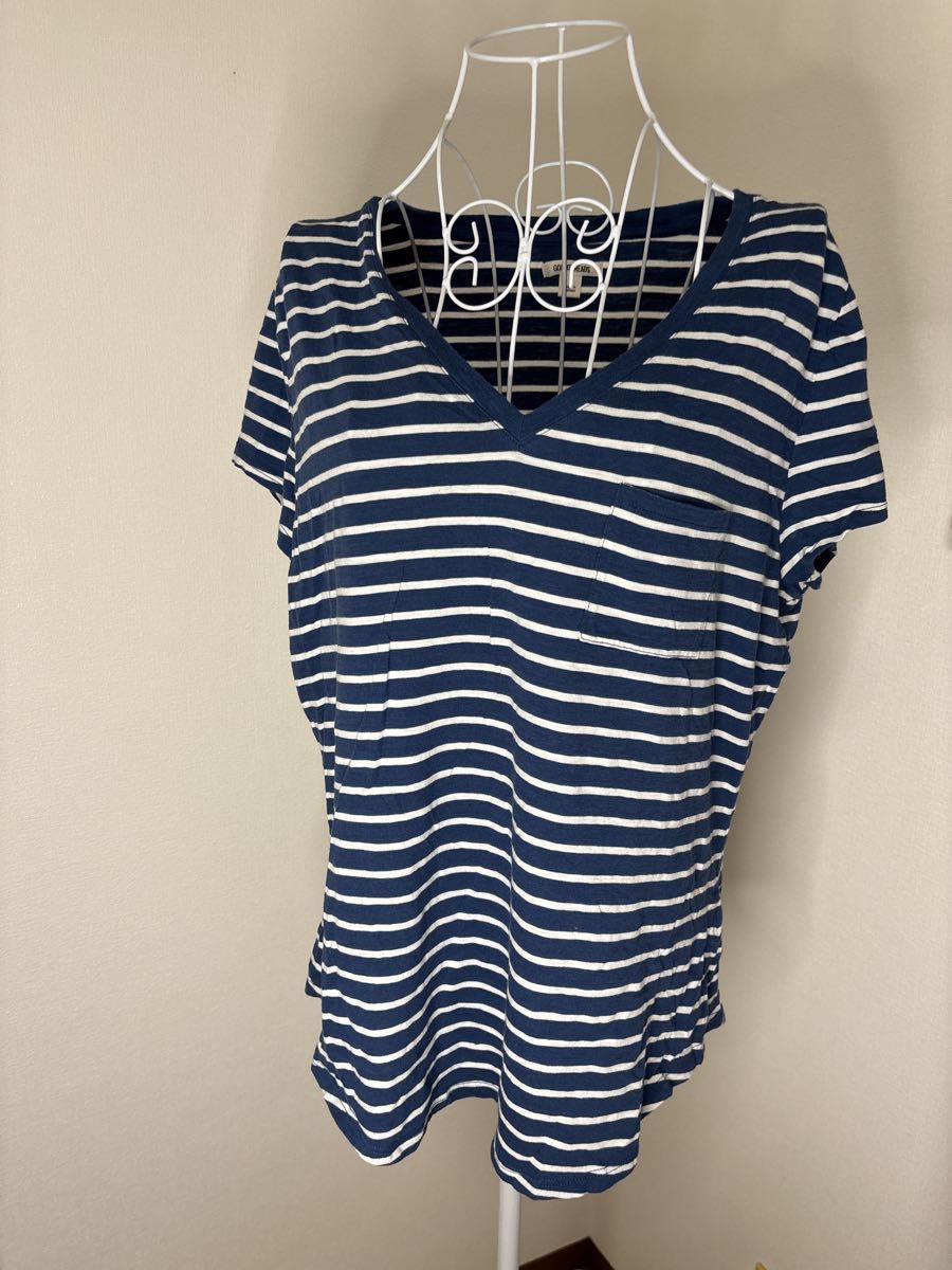 GOODTHREADS ボーダー柄 半袖Tシャツ L ブルー ホワイト