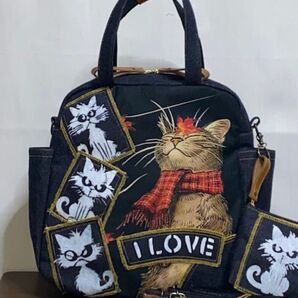 ☆岡山デニム☆ステンシル☆トラネコ☆☆4wayボストンバッグ