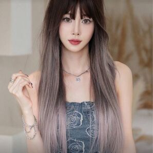 フルウィッグストレート自然医療用ロングコスプレかつらロリータゴスロリハロウィンクリスマスダークブラウンくすみピンクグラデーション