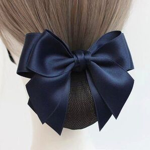リボン バレッタ ネット シニヨン お団子ネット クリップ 髪飾り ネイビー