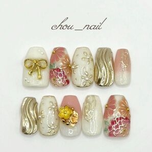 【オーダー用♪】 ネイルチップNo.36 成人式振袖袴和柄前撮赤ピンク白