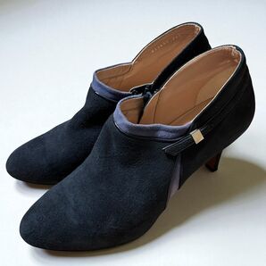 ネイビー ブーティ 23.5cm バイカラー ヒール ショートブーツ 日本製 ブラック サイドジップ