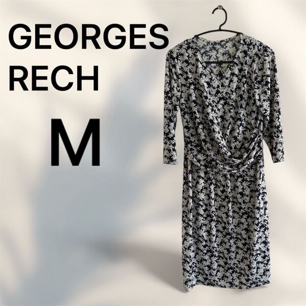 【ジョルジュレッシュ】 花柄 ドレープ ワンピース ネイビー 白 M 七分袖 ロング