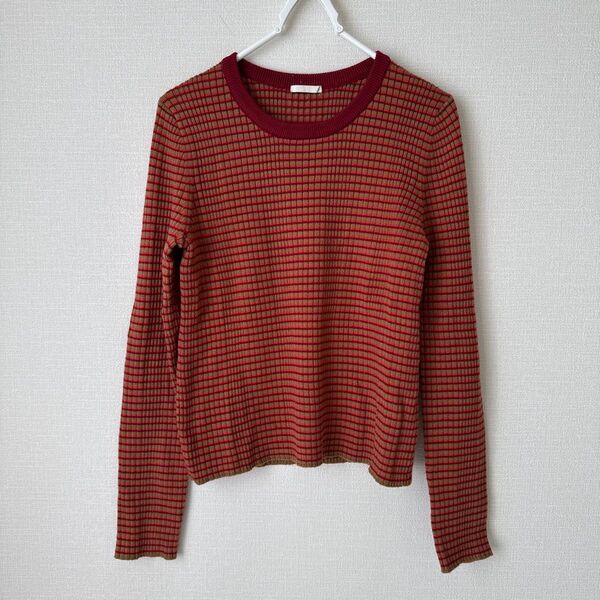 GU ニットカットソー 長袖 トップス レッド ロングTシャツ リブニット ボーダー チェック柄