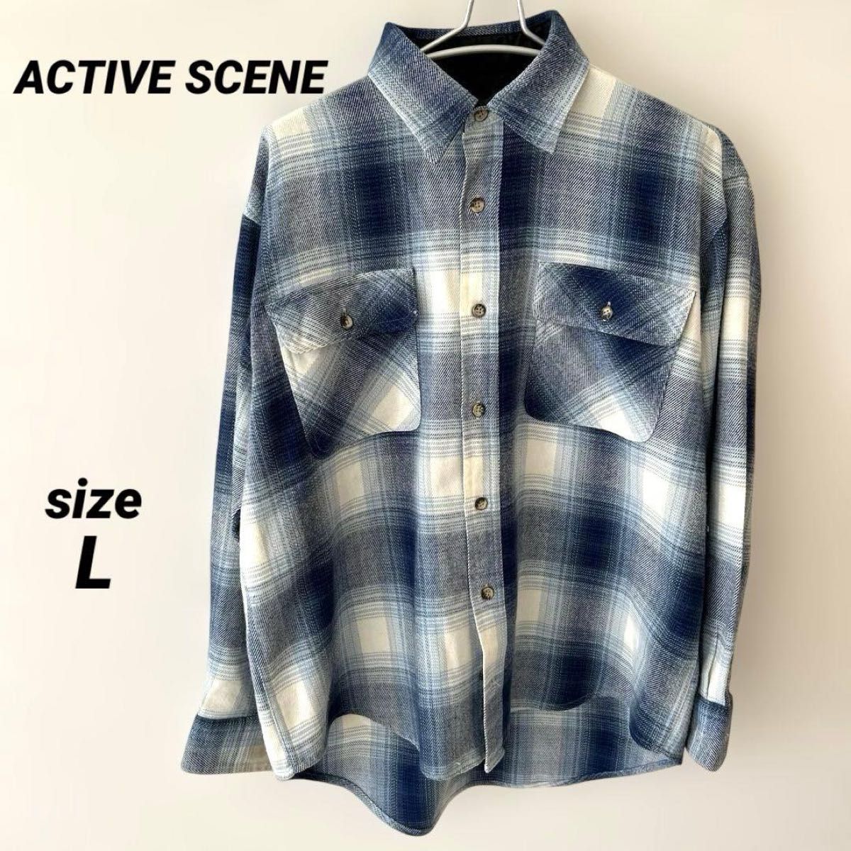 ACTIVE SCENE チェック柄　ネルシャツ　ブルー　L メンズ　長袖 長袖シャツ トップス