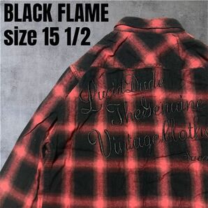 訳あり BLACK FLAME ブラックフレーム オンブレチェックシャツ 長袖 M 15 1/2 赤黒 背面刺繍 ブラックフレイム