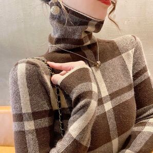 チェック柄 タートルネックトップス ブラウン セーター ハイネック ニット