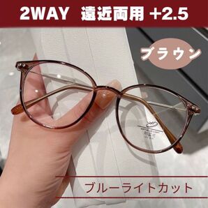 シニアグラス +2.5 ブラウン 眼鏡 遠近両用 老眼鏡 ブルーライトカット