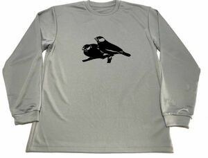 グレー　文鳥 切り絵 ドライ Tシャツ ブンチョウ グッズ 　ロングＴシャツ　ロンＴ　ロング　長袖