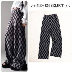 【 me+em select ミームセレクト 】 ブロックチェック スムースベロアパンツ ワイドパンツ ゆったり F フリーサイズ