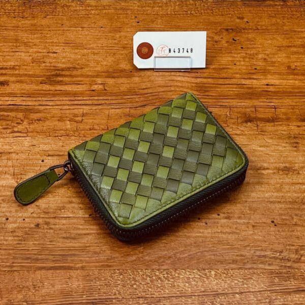 ラムレザー イントレチャート コインケース ラウンドファスナー 財布 メンズ財布 編み込み 送料無料 革財布 長財布カード入れ 緑