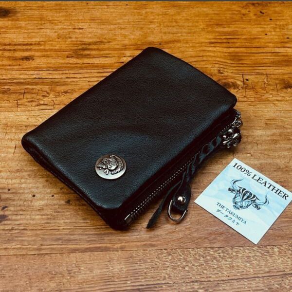 ミドル メンズ 財布 二つ折り財布 本革 牛革 クロムレザー バイカー ウォレット チャーム 新品 未使用 ブラック黒