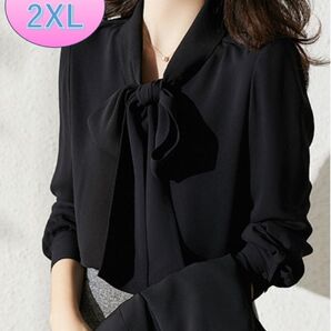 ボウタイブラウス 黒 2XL リボン 長袖 バルーンスリーブ 無地シャツ上品韓国 オフィス