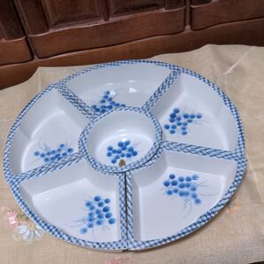 有田焼 おせち盛鉢6枚組合せ皿 組合せ時幅36Cm 高さ4Cm ホワイトにおめでたい青豆南天図柄と四つ目菱 未使用品