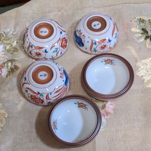 橘吉 たち吉 おめでたい元日の黒豆皿5枚セット 金彩赤絵花と架空の鳥鳳凰 0.5Cmのリム付ブラウン縁周り 未使用品