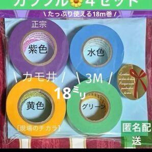 790新品未使用★無地マステ3M水色・緑色とカモ井黄色・紫色カラフル4巻セット
