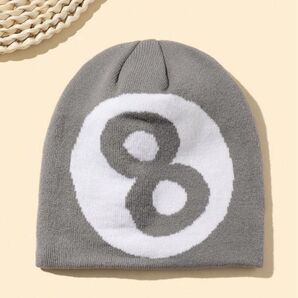 【新品】ビーニー ニット帽 帽子 ストリート y2k グランジ 海外 8ボール エイトボール STUSSY グレー