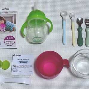①リッチェルおかゆクッカー、②マンチカンストローマグ(新品替えストロー付)、③エジソンスプーン&フォークプチ他