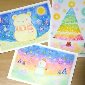 冬の透明水彩ポストカード3枚セット 雪だるま/ツリー/白くま クリスマス 寒中お見舞い