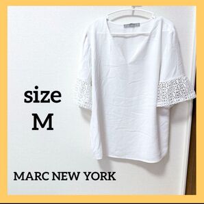 MARC NEW YORK 【M】ホワイト レース付き半袖シャツ Vネック
