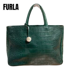 【FURLA】フルラ ハンドバッグ トートバッグ グリーン クロコ型押し A4