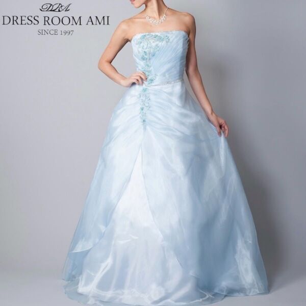 【SALE】DRESS ROOM AMI ドレスルームアミ 高級 ロングドレス カラードレス 演奏会 ビーズ刺繍 青 スカイブルー