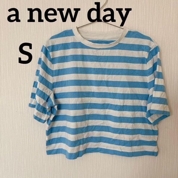 美品☆a new day 【S】ストライプ Tシャツ 半袖 ブルー 青 短め ボーダー カットソー トップス 可愛い