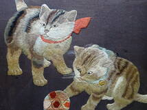 昭和レトロ/手刺繍の可愛い二匹の猫　木額入り_画像6