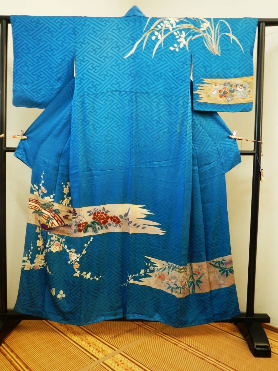 Hacha de Plata Seda pura, kimono formal Yuzen antiguo pintado a mano, azul, orquídea de primavera, pino, etc., kimono de mujer, kimono, antiguo, otros