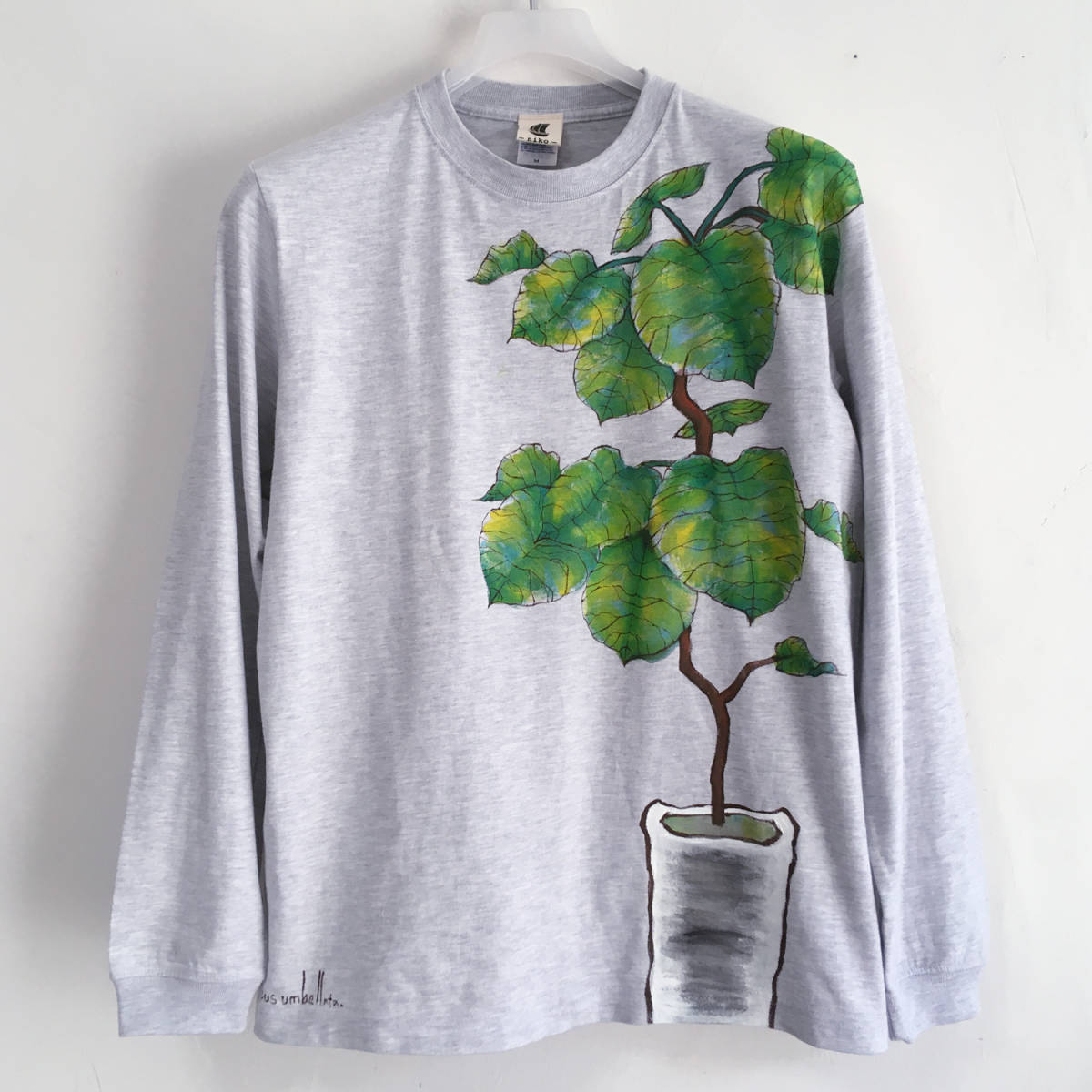 손그림 umbellata 무늬 소매 골지 롱 티셔츠 S 긴 소매 관엽 식물 보태니컬 롱 티셔츠, 티셔츠, 긴팔, S 사이즈