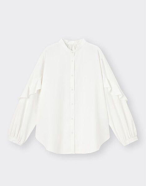 【未使用】GU UV機能付 ラッフルブラウス フリル袖 長袖シャツ ホワイト スタンドカラー Mサイズ かわいい