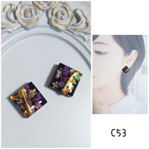 c53 カボション ホログラム アリッサム ブラック ハンドメイド ピアス