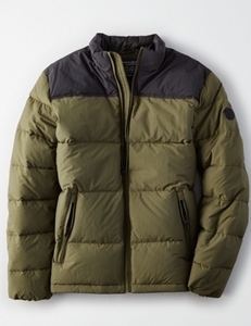 * アメリカンイーグル AE COLORBLOCK MOCK NECK PUFFER JACKET ダウンジャケット M / Olive * 