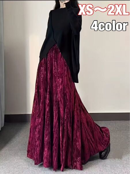 花柄ベルベットマキシ丈スカート ボリューム感 大きいサイズ 暖か ウエストゴム フレアAライン 社交ダンス用 ダンス用でも