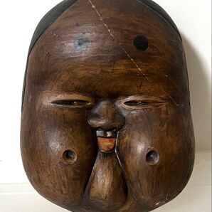 作家在銘★おかめ おたふく お多福 お面 縁起物 乾漆 珍品 詳細不明 割れ・修復あり 現状品