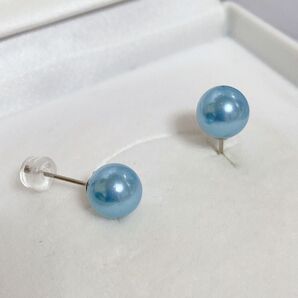 B225 新品未使用【徳島産藍染】ブルー系 約8㎜ 本貝パール シェルパール スタッドピアス シンプル オシャレ